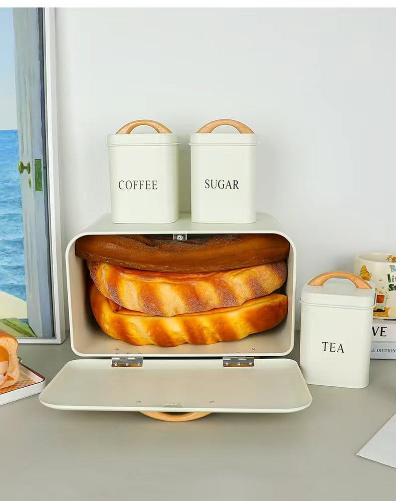 4 Piece Cream Metal Bread Bin and Canister Set