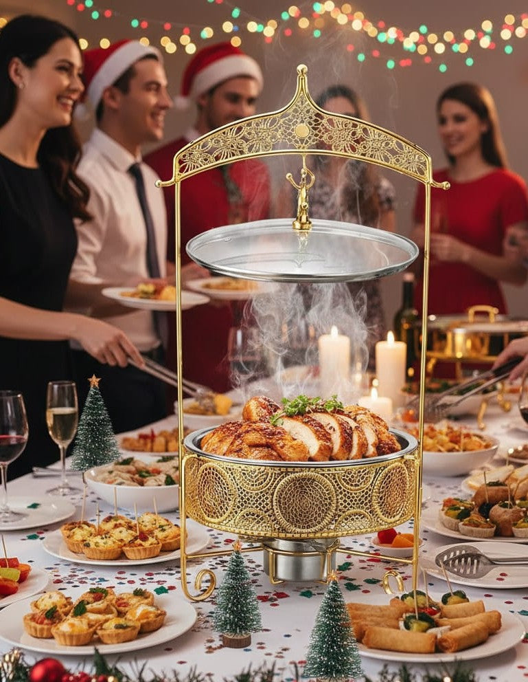 Luxury gold 8L chafing dish buffet warmer with trolley and stainless steel construction