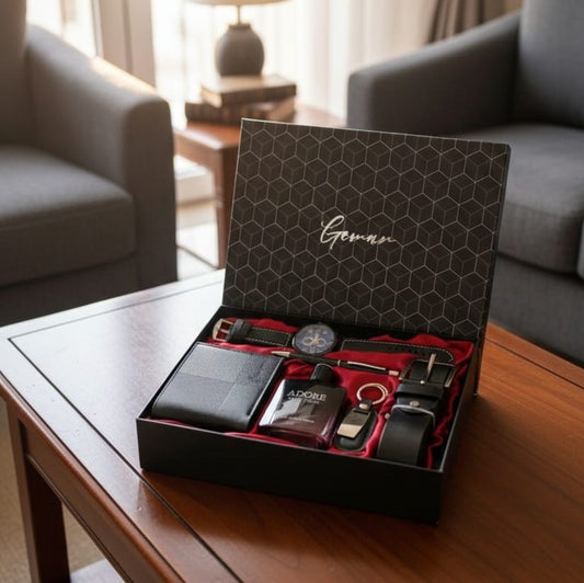 Valentines men gift set with watch, wallet, perfume, belt, pen, keyholder, gift card and bag