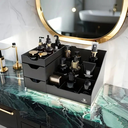 Desktop cosmetic and cologne organizer with multiple compartments.