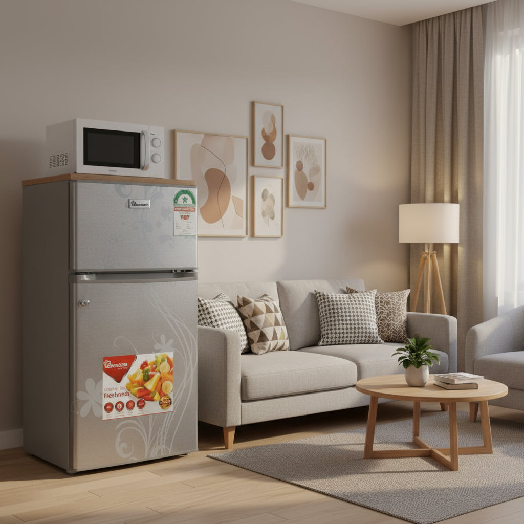 silver 90l double door fridge with adjustable thermostat and lockable door