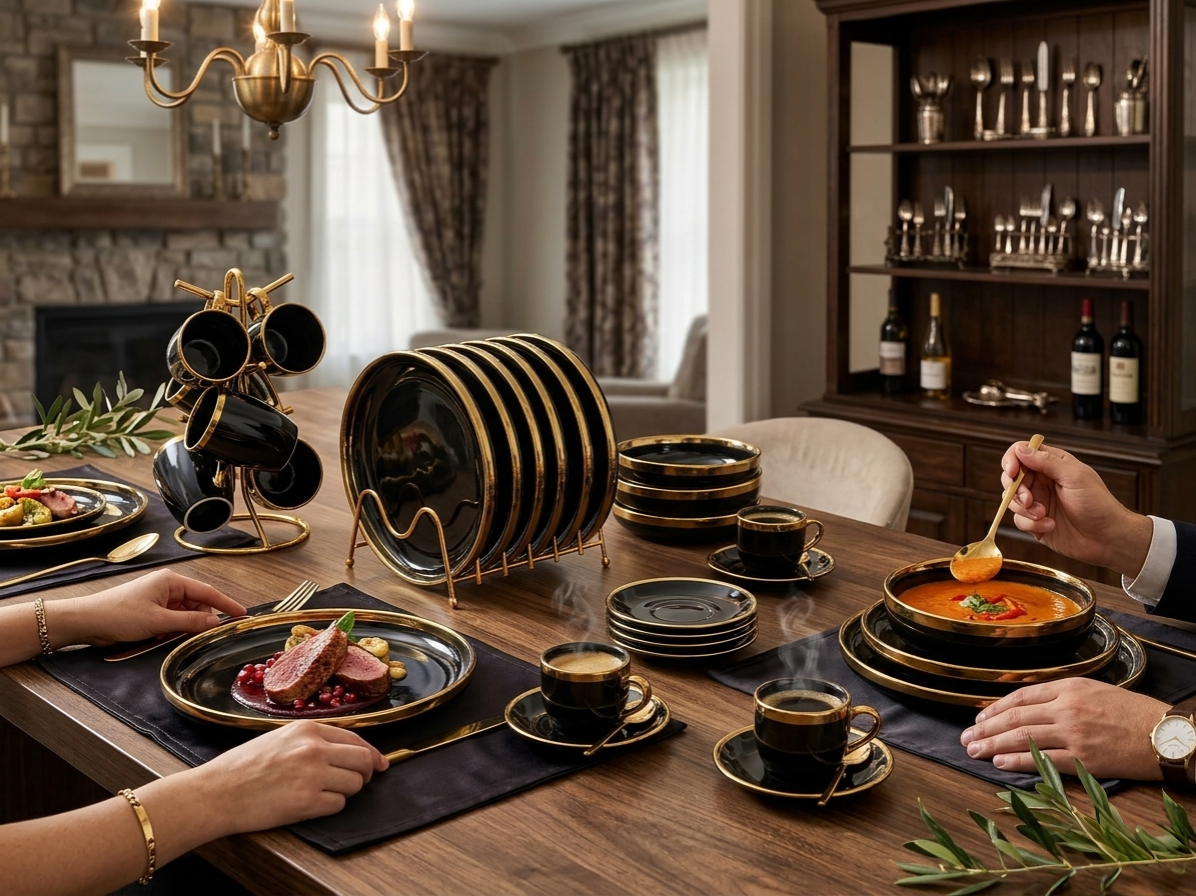 24-Piece Black And Gold Ceramic Dinner Set