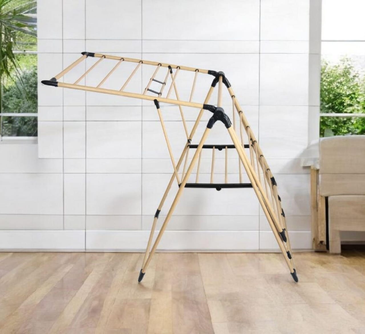 Foldable wing clothes drying rack with wheels for easy indoor and outdoor use