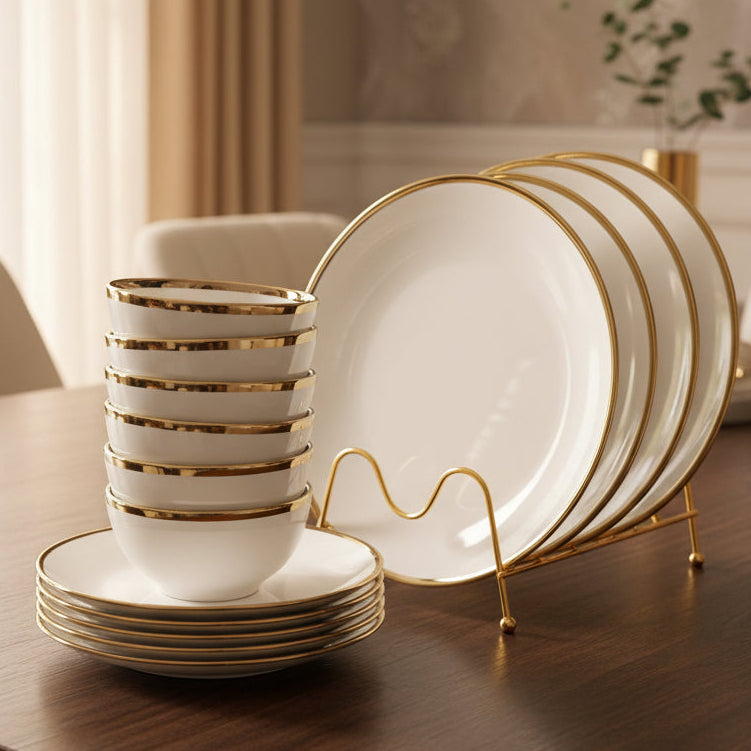 24pcs Dinner Set Ceramic White with Gold Line Elegant Tableware Set
