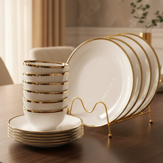 24pcs Dinner Set Ceramic White with Gold Line Elegant Tableware Set