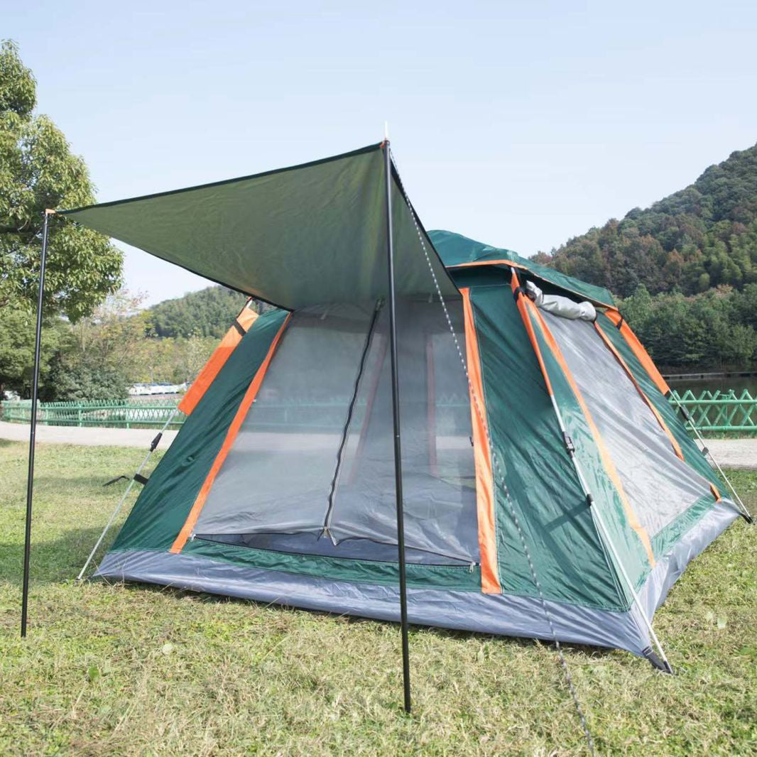 Dawood Lifestyle & Gadgets kes 5-8 person automatic camping tent measuring 240cm x 240cm x 155cm with front awning, waterproof fabric, mesh windows, and pop-up design in green and orange.
