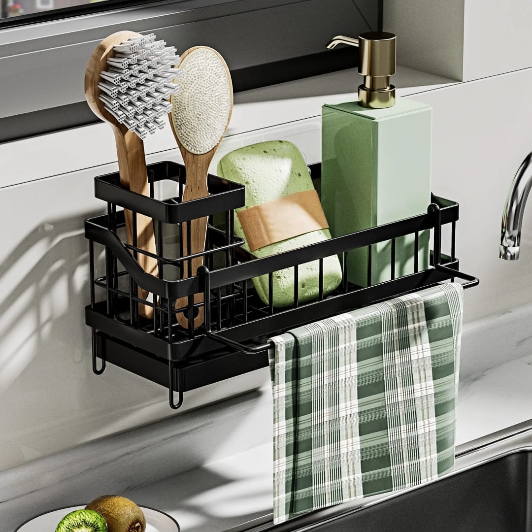 Black Sink Caddy with Water Draining Tray