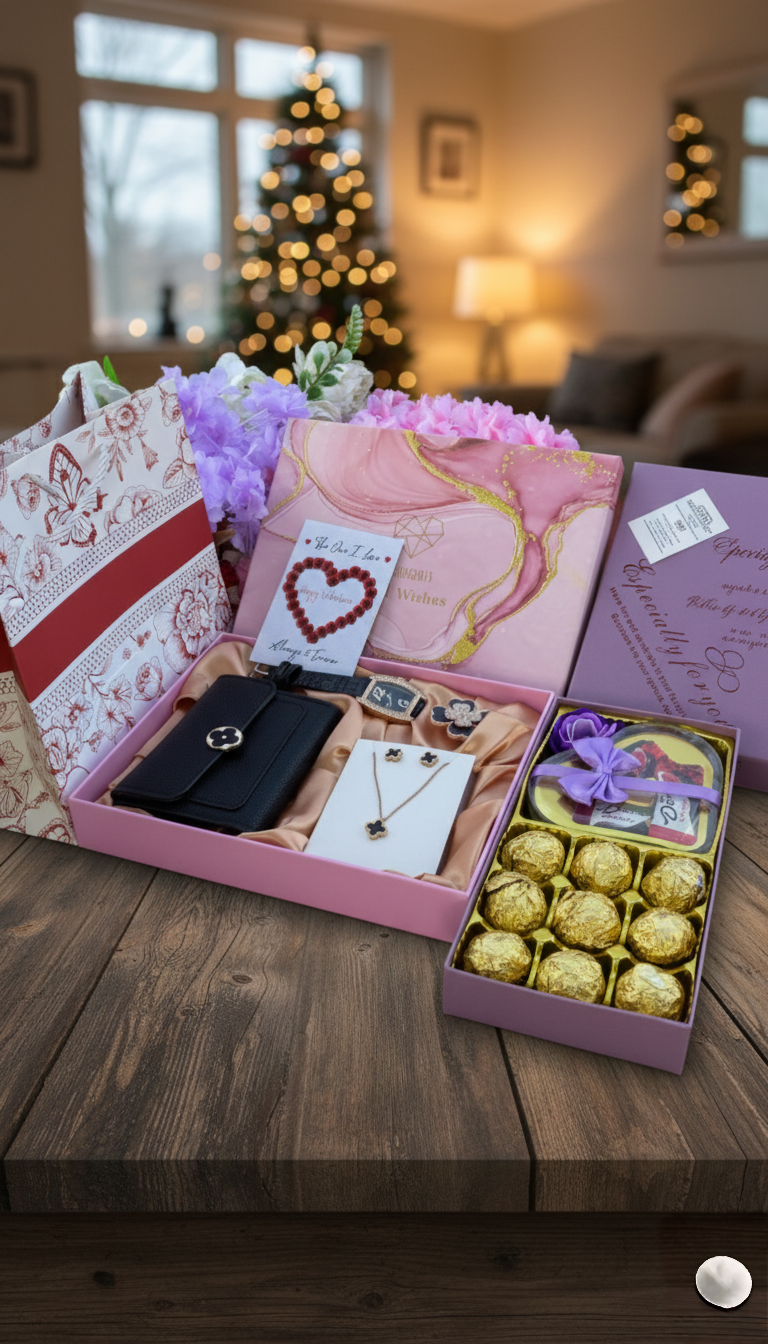 Valentines ladies gift set with chocolates, watch, matching jewellery, purse, brooch, gift card, and gift bags.