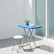 Blue adjustable height snack table for home and outdoor use