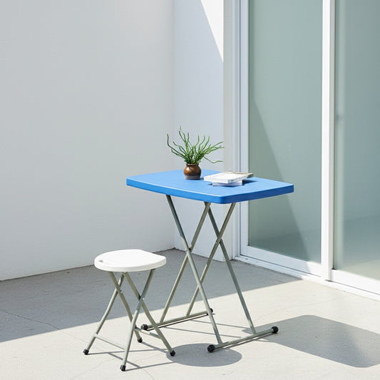 Blue adjustable height snack table for home and outdoor use