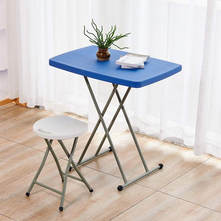 Blue adjustable height snack table for home, camping, and outdoor use.