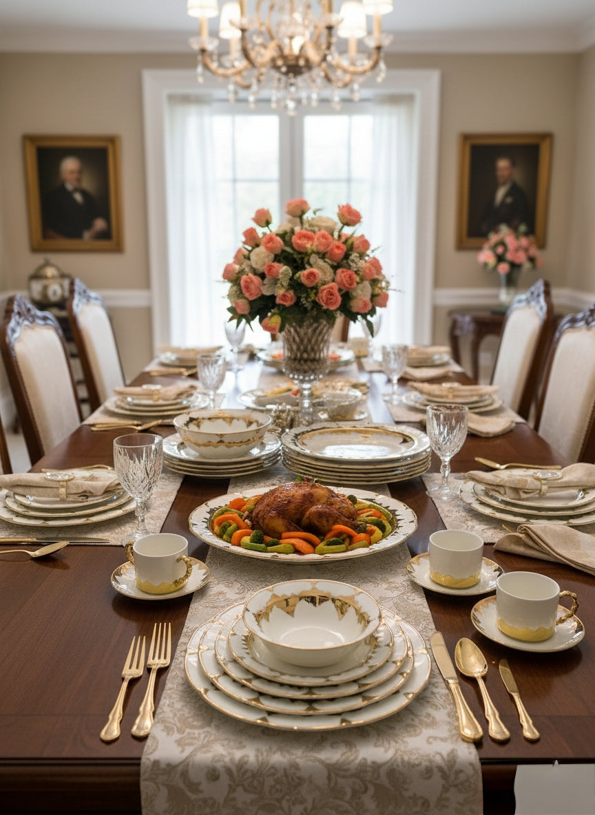 36-piece Classic golden dinner set with plates, bowls, cups, saucers, and platters displayed on a table.