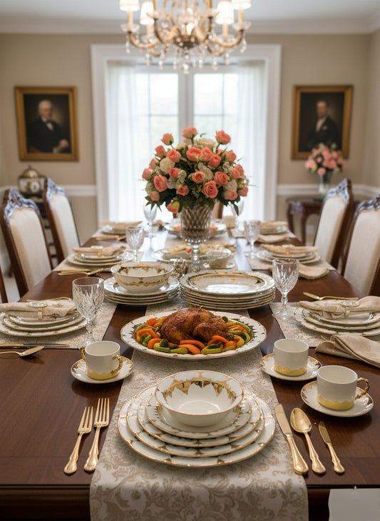 36-piece Classic golden dinner set with plates, bowls, cups, saucers, and platters displayed on a table.