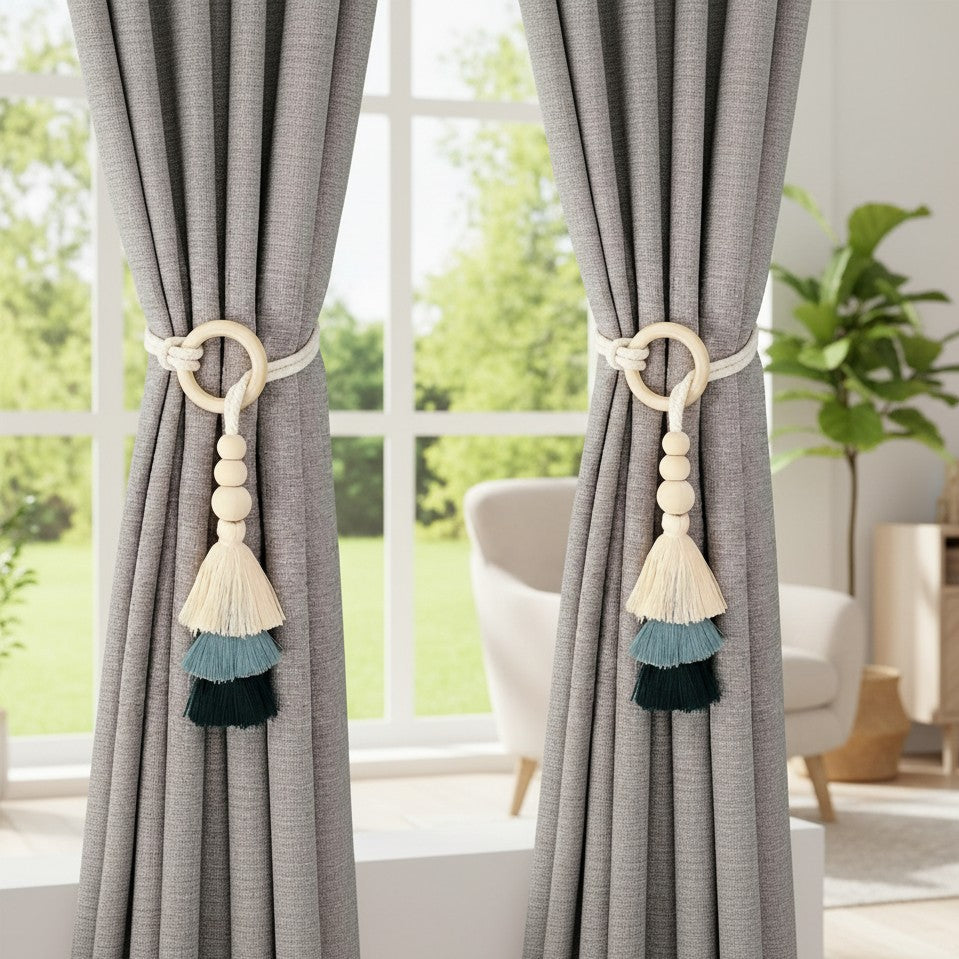Bohemian wooden bead tassel curtain tiebacks set