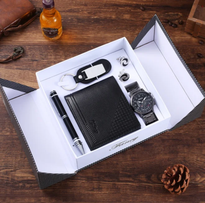 Men Valentines gift pack with watch, executive pen, wallet or belt, cufflinks, key holder, gift box and bag
