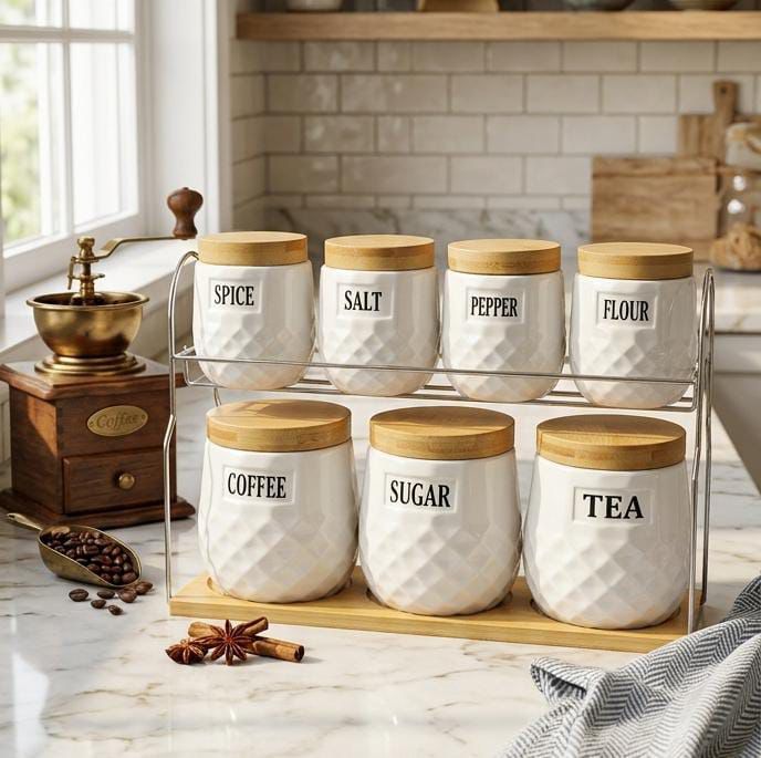 Luxury 8-piece ceramic canister set with bamboo lids and tray, ribbed jars for kitchen storage and organization. 