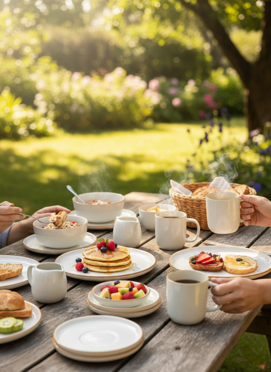 24-piece Ceramic dinner set with plates, side plates, soup bowls, and tea mugs.
