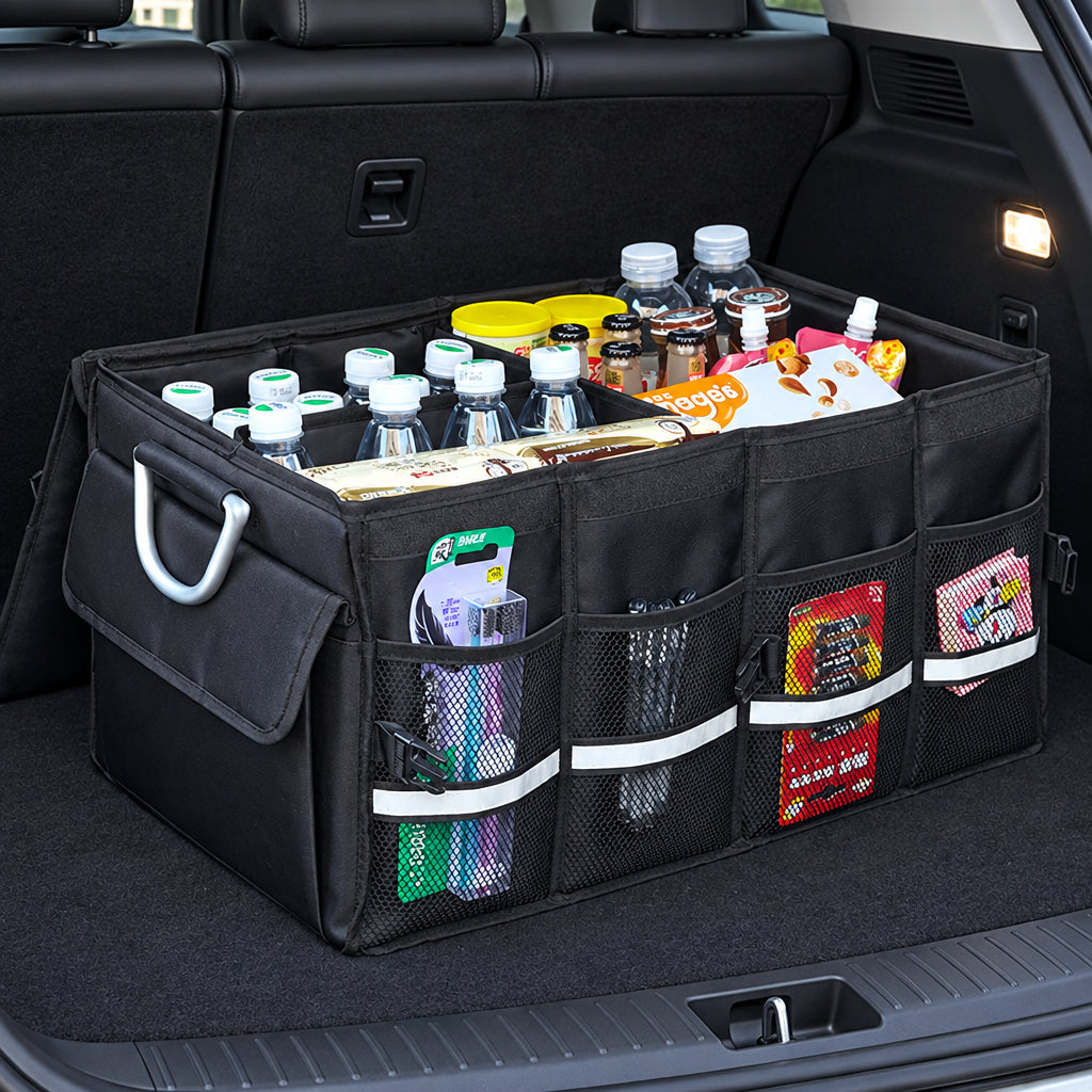 Foldable heavy duty car trunk organizer with aluminum handle for storing groceries and accessories in vehicle