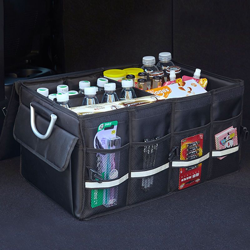 Foldable heavy duty car trunk organizer with aluminum handle for storing groceries and accessories in vehicle