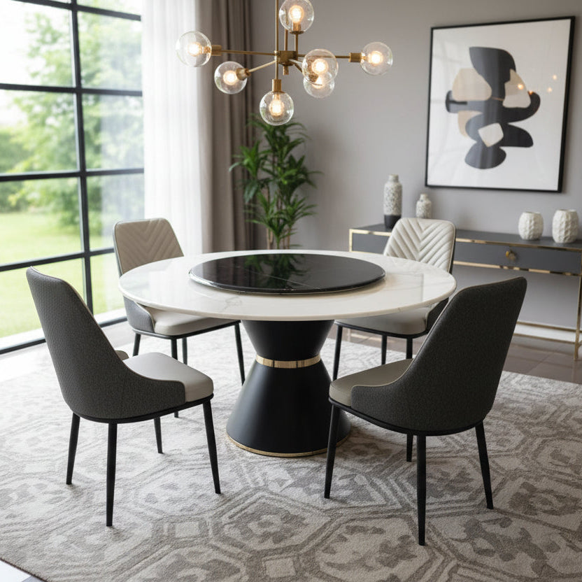 DTC1304 luxury round marble dining table with rotating Lazy Susan and six upholstered dining chairs available in gray and cream or orange and gray colour combinations.