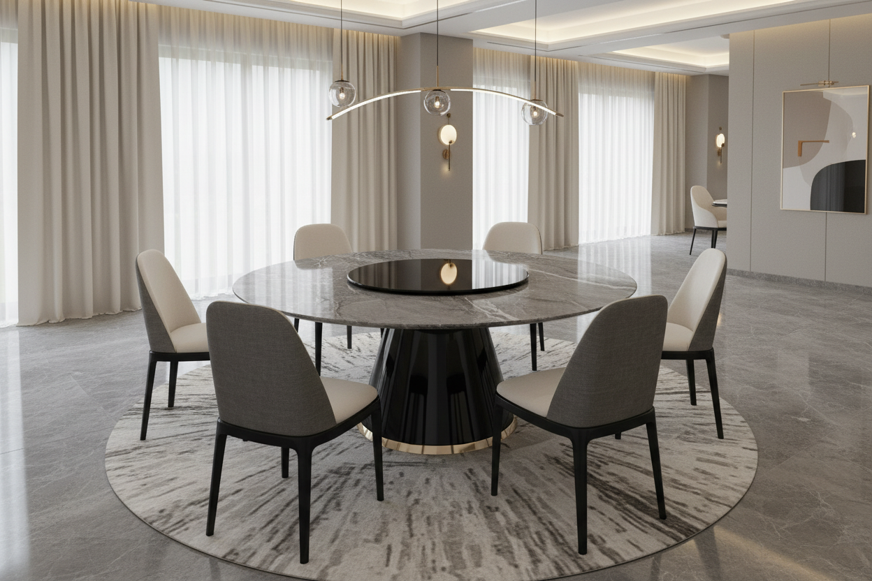 Round Marble Dining Table With Lazy Susan And 6 Upholstered Chairs