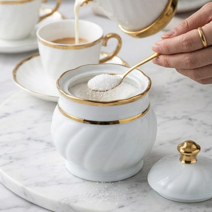 Blue and gold ceramic sugar pot 300ml elegant storage jar for tea and coffee serving.