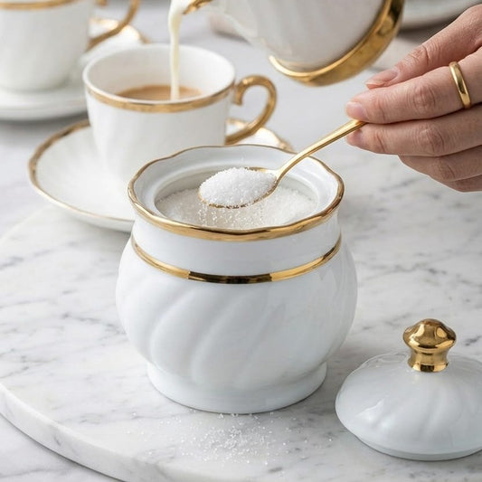Blue and gold ceramic sugar pot 300ml elegant storage jar for tea and coffee serving.