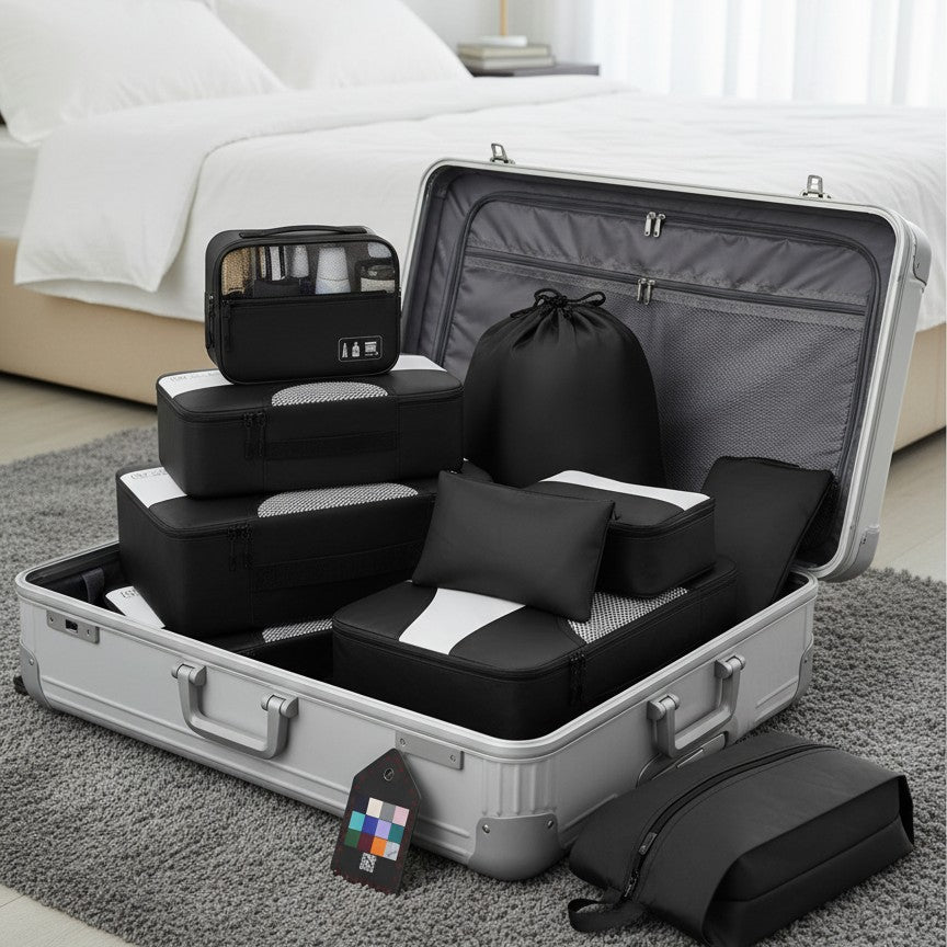 8-Piece luggage travel organizers set with various cubes and bags