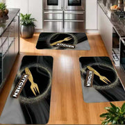 Three piece rubber kitchen mat set with non slip backing in sizes 40 × 60 cm, 40 × 60 cm, and 40 × 120 cm for kitchen floor protection.