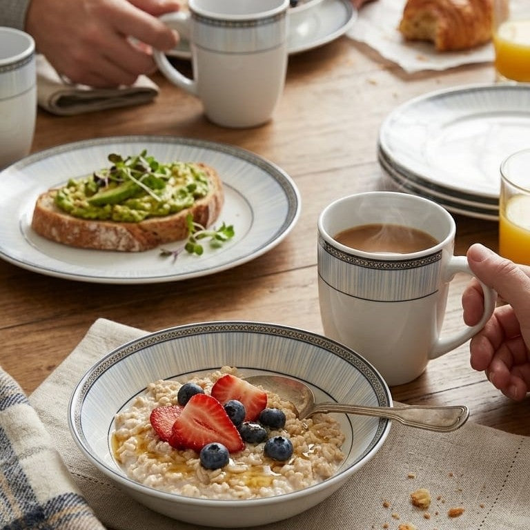 18pc ceramic mesh dinner set with cups, bowls, and dinner plates for modern dining.