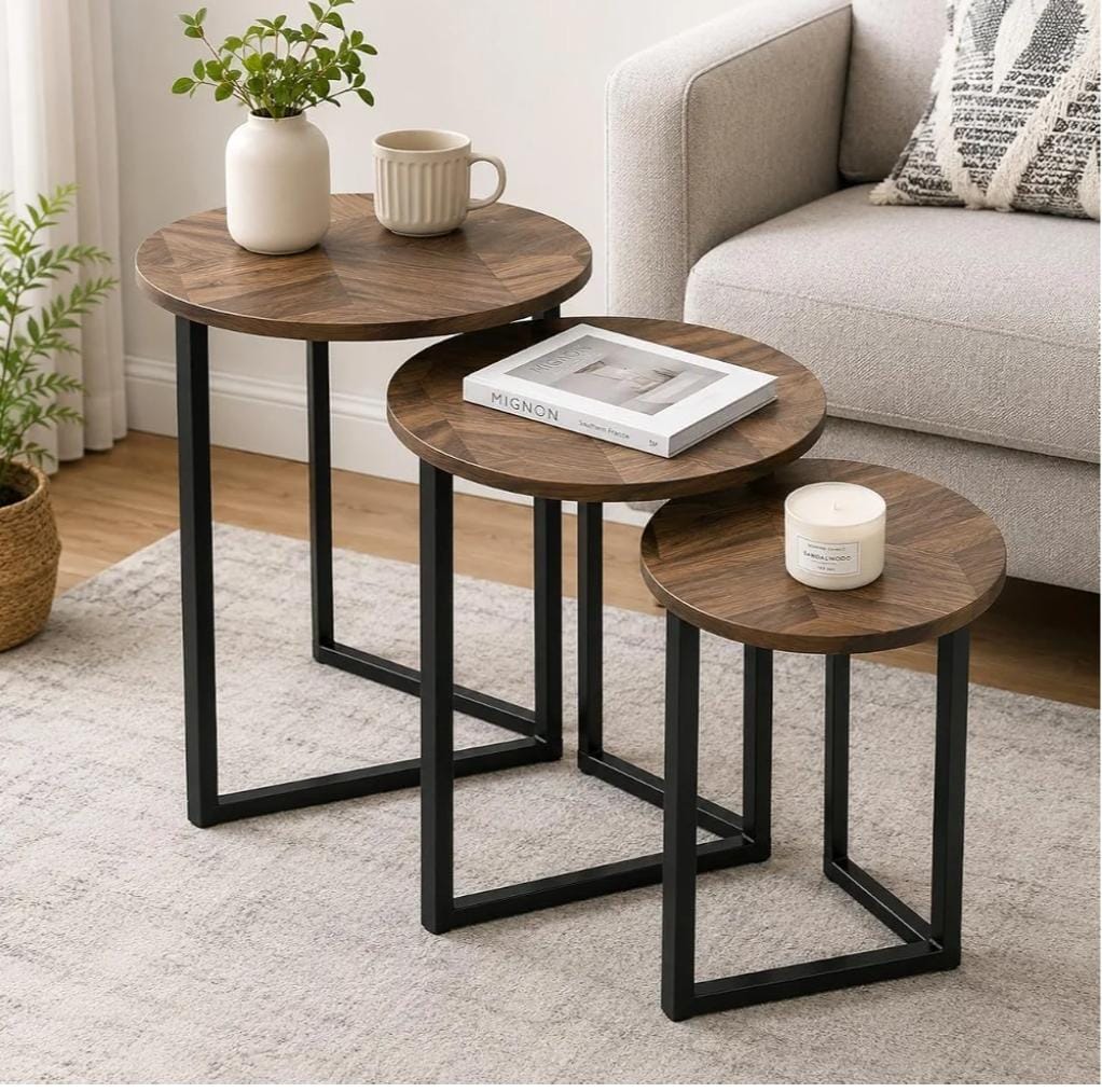 3in1 Round Walnut Nesting Tables with Black Stands