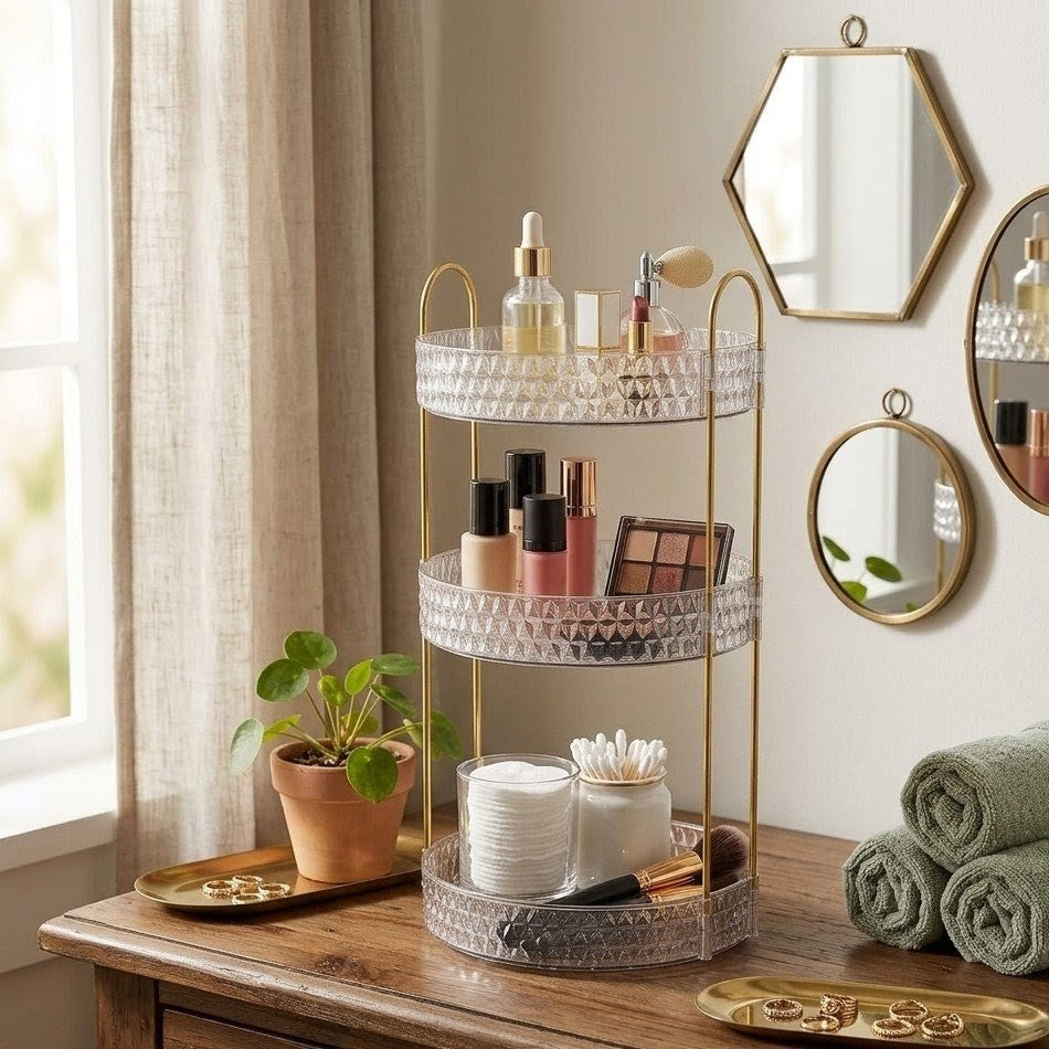 Luxury multi layer acrylic jewelry organizer with rotating base for dressing table storage and display.