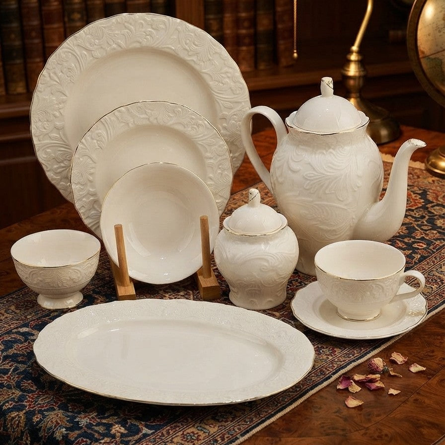 39 Piece White Porcelain Dinner Set with Gold Rim