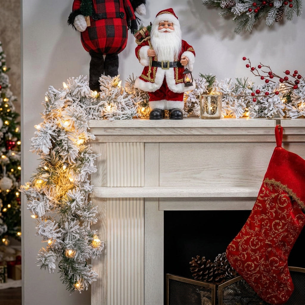 2.7m Fully Snow Flocked Christmas Garland with 10m Lights