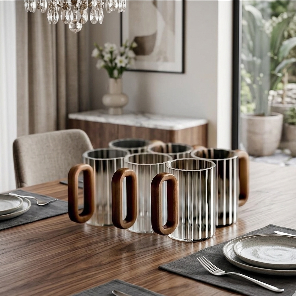 6Pcs Borosilicate Ribbed Glass Mugs Set