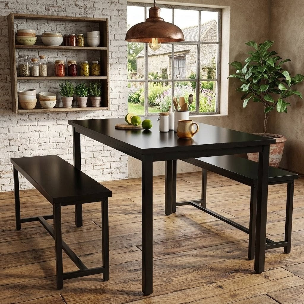 4-Seater Dining Table Set with 2 Benches
