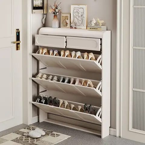 Double layer bucket flip shoe cabinet with slim space-saving design