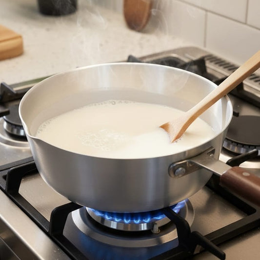 22cm Stainless steel aluminium milk pan with silver finish.