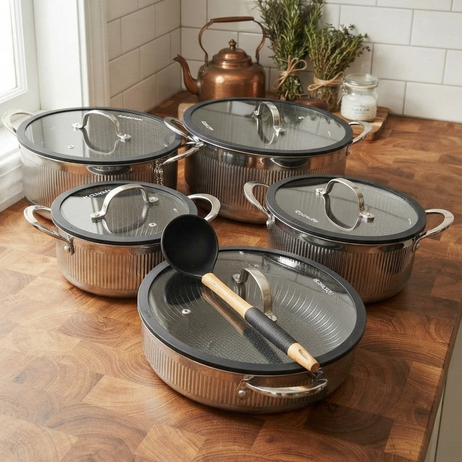 12Piece Ribbed Triply Stainless Steel Cookware Set