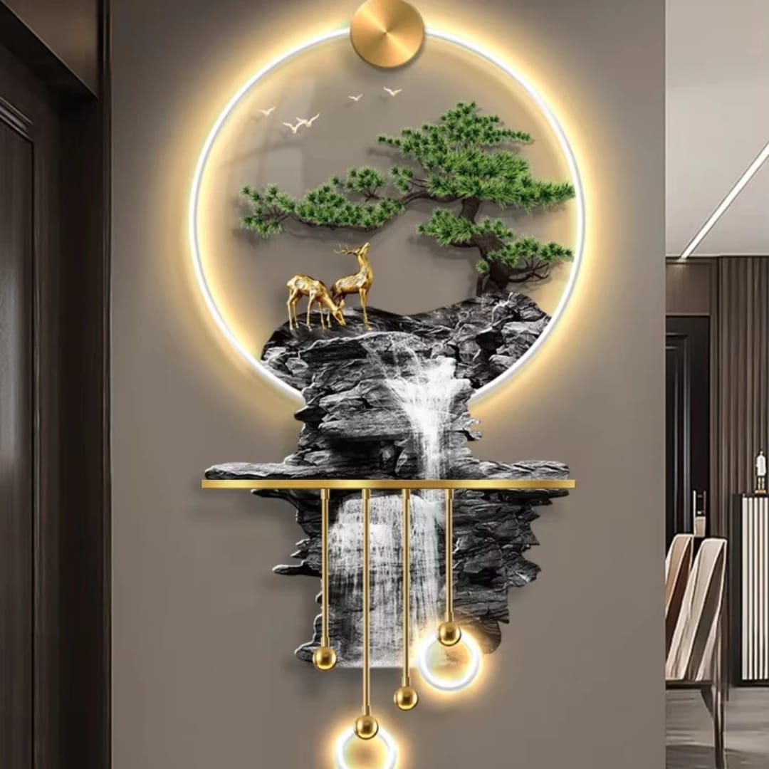 Luxury 3D LED waterfall wall art featuring cascading waterfalls, pine trees, deer accents, and warm halo lighting for elegant home décor.