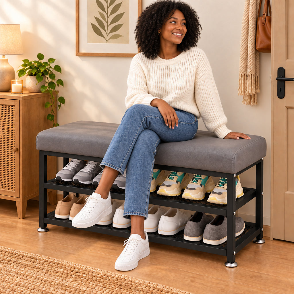 Entryway Shoe Rack with Padded Seat 2 Tier Metal Shoe Storage Bench Grey, 100 × 32 × 51cm - available in Nairobi, Kenya