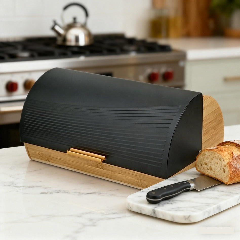 Bamboo Bread Box with Black Roll Top Lid