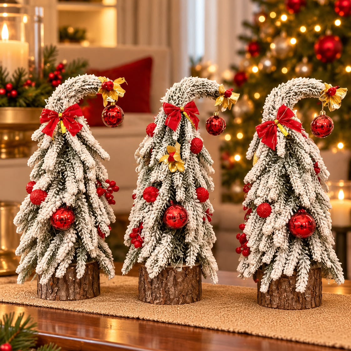 Decorated Snow Flocked Mini Christmas Tree with Red and Gold Ornaments