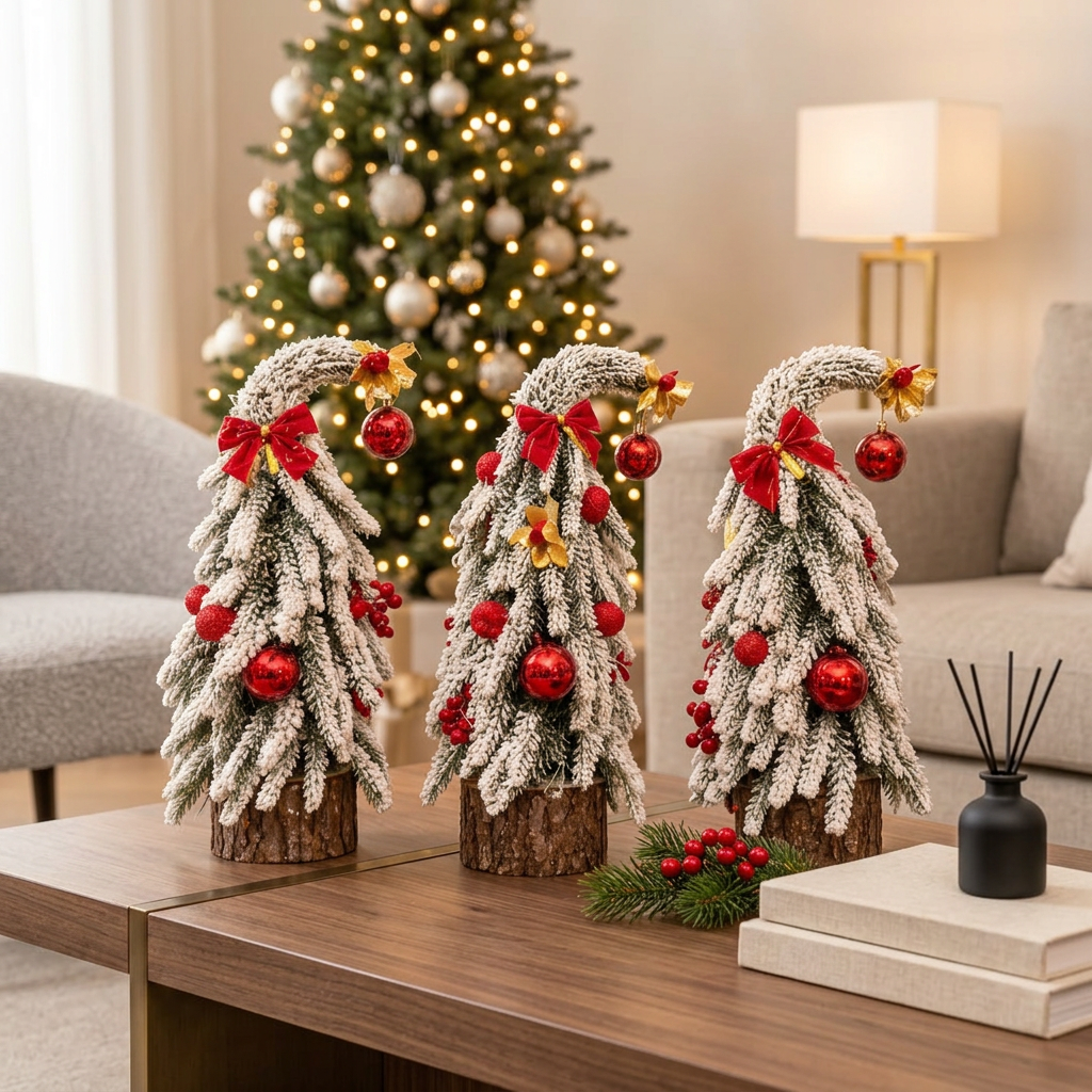 Decorated Snow Flocked Mini Christmas Tree with Red and Gold Ornaments
