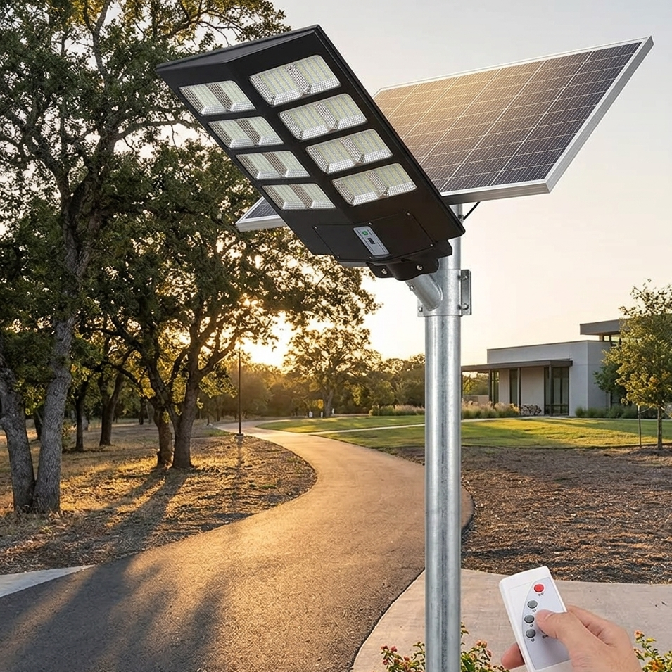 2000W solar heavy duty street light with motion sensor, remote control, and waterproof outdoor lighting design. 