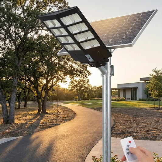 2000W solar heavy duty street light with motion sensor, remote control, and waterproof outdoor lighting design. 