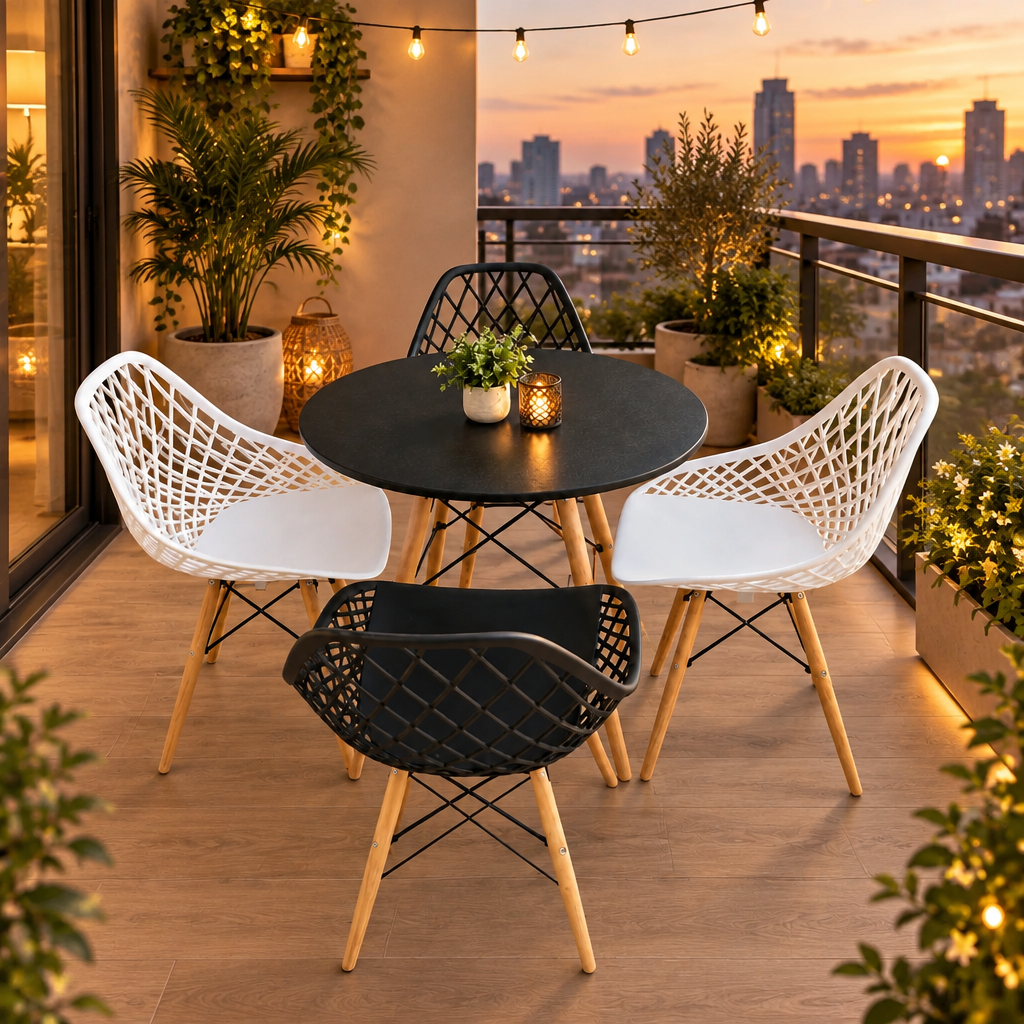 Indoor/Outdoor Black and White 4 Seater Table Set with Mesh Eames Chairs