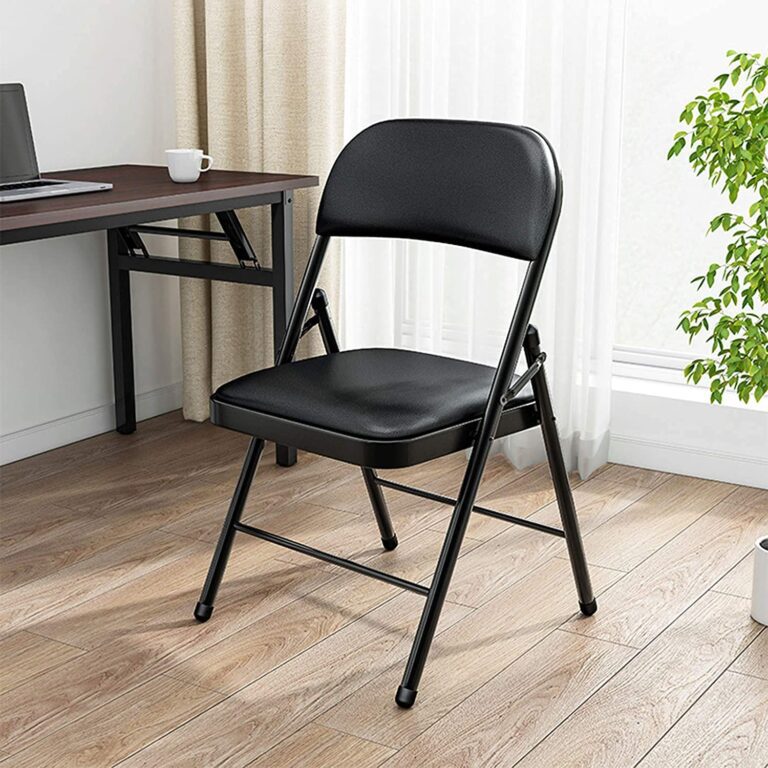 Black padded folding chair with cushioned seat and metal frame
