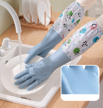 Long waterproof silicone household gloves available in blue, green, and pink.