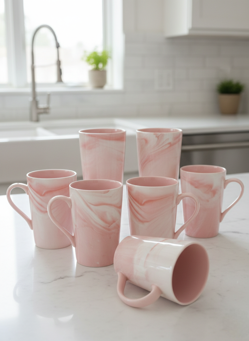 Set of 6 pink smooth mugs for serving beverages.